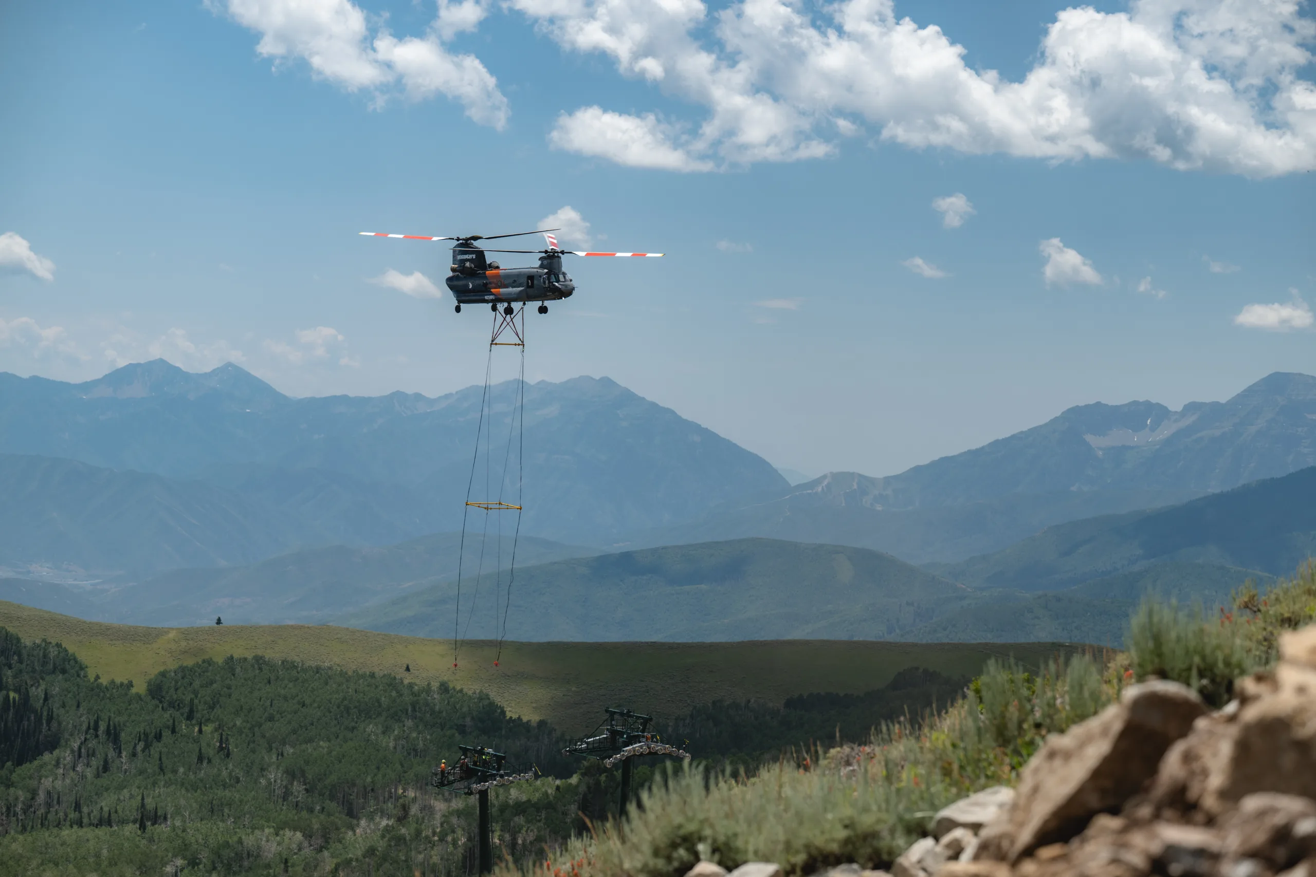 Doppelmayr gondola tower installation with PJ Helicopters at Deer Valley on July 19, 2025